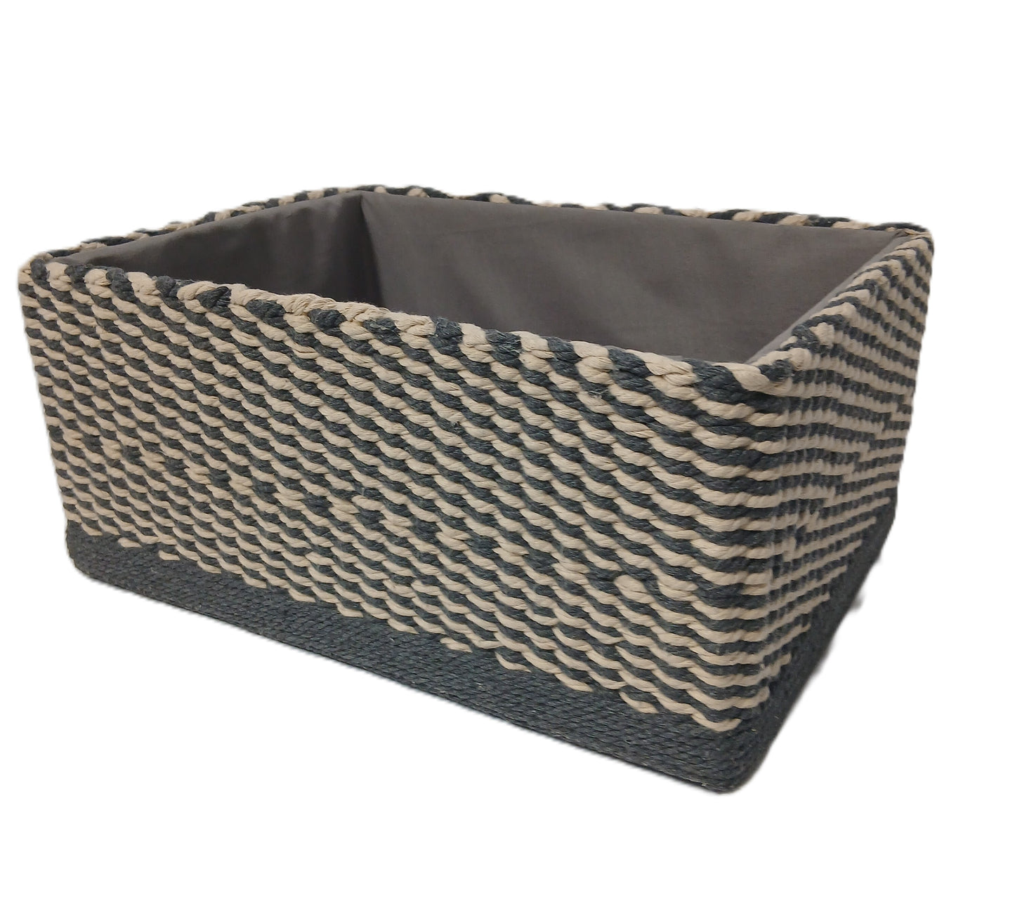Rectangular woven storage basket with two-tone charcoal and natural design and grey fabric liner