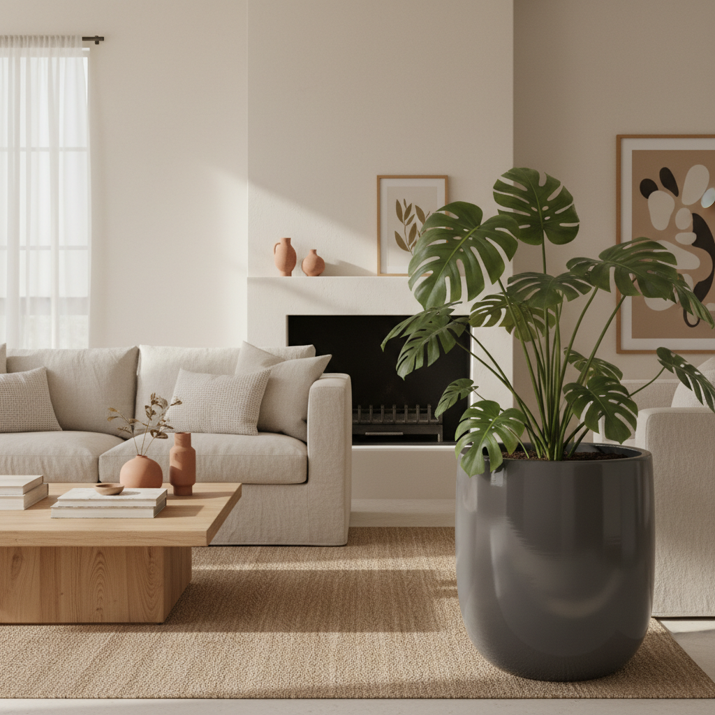 Cavio Gloss Concrete Planter styled in a modern South African living room with a monstera plant